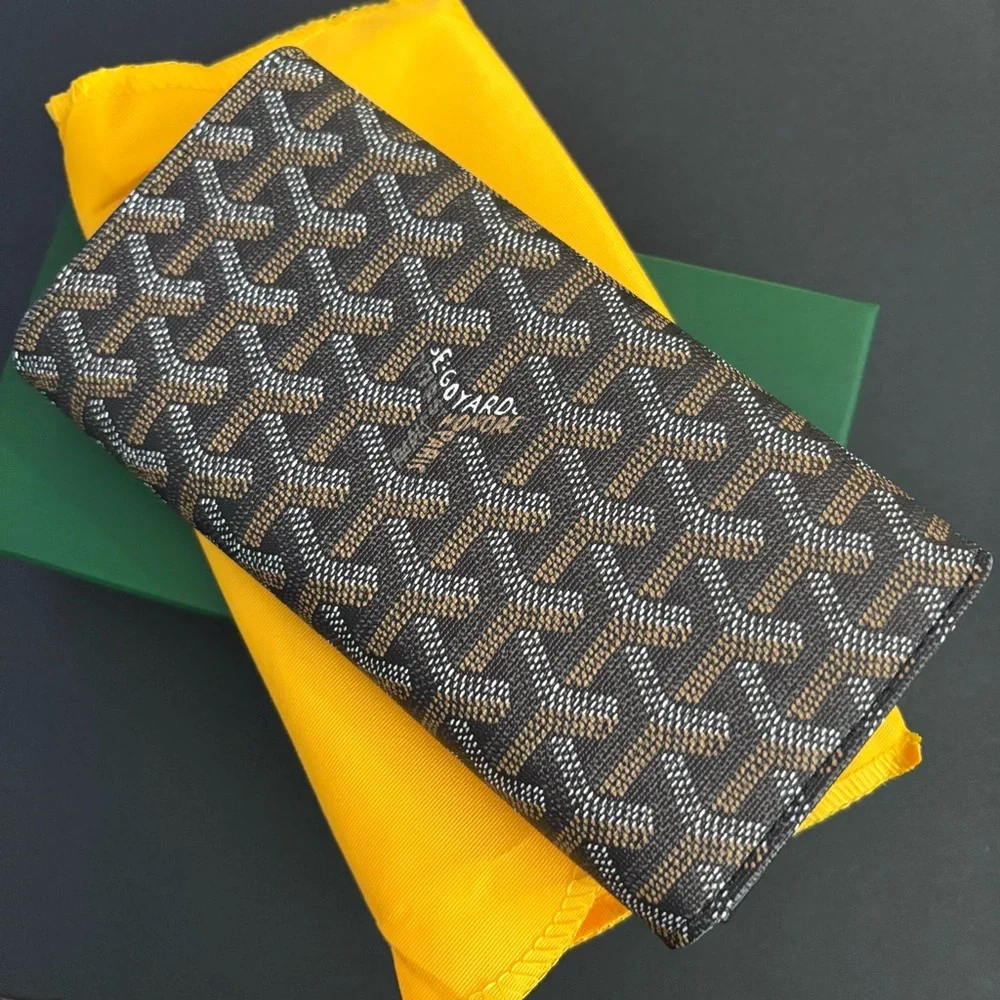 Fashion Trifold Long Wallet Black Brown Snap Closure Silver Hardware - Picture 8 of 15